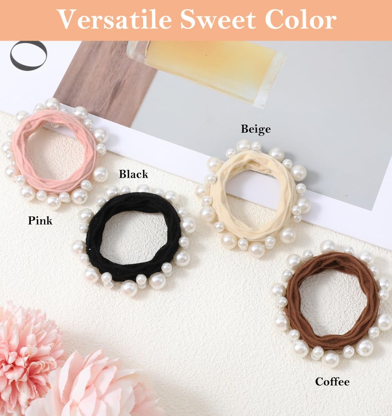 Thrymme 4 Pcs Pearl Ponytail Holder, 1.97 Inch Elastic Pearl Hair Tie Elegant Decorative Ponytail Accessories for Women & Girls (4 Colors) - Image 3